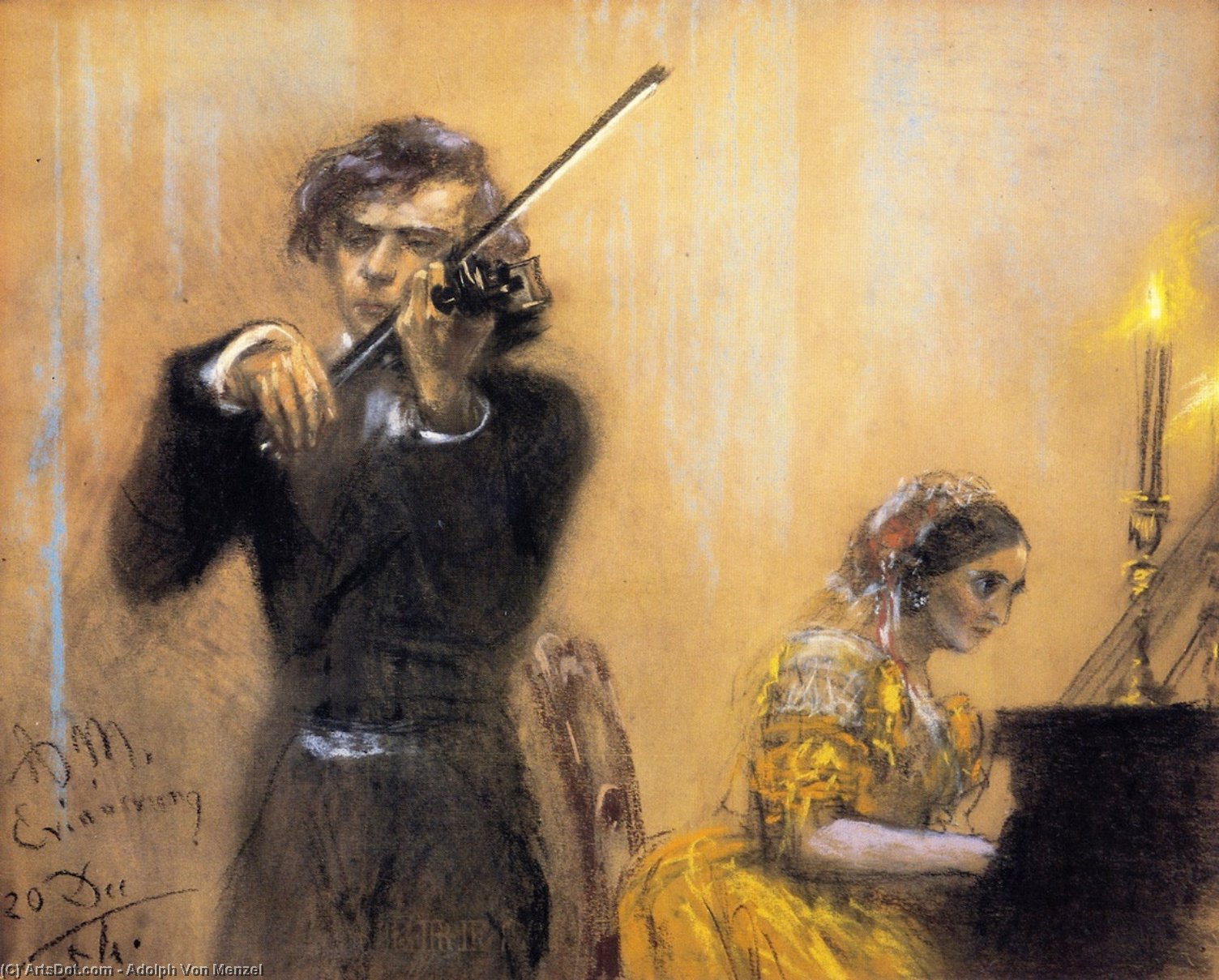 Wikioo.org - The Encyclopedia of Fine Arts - Painting, Artwork by Adolph Menzel - Clara Schumann and Josep Joachim in Concert