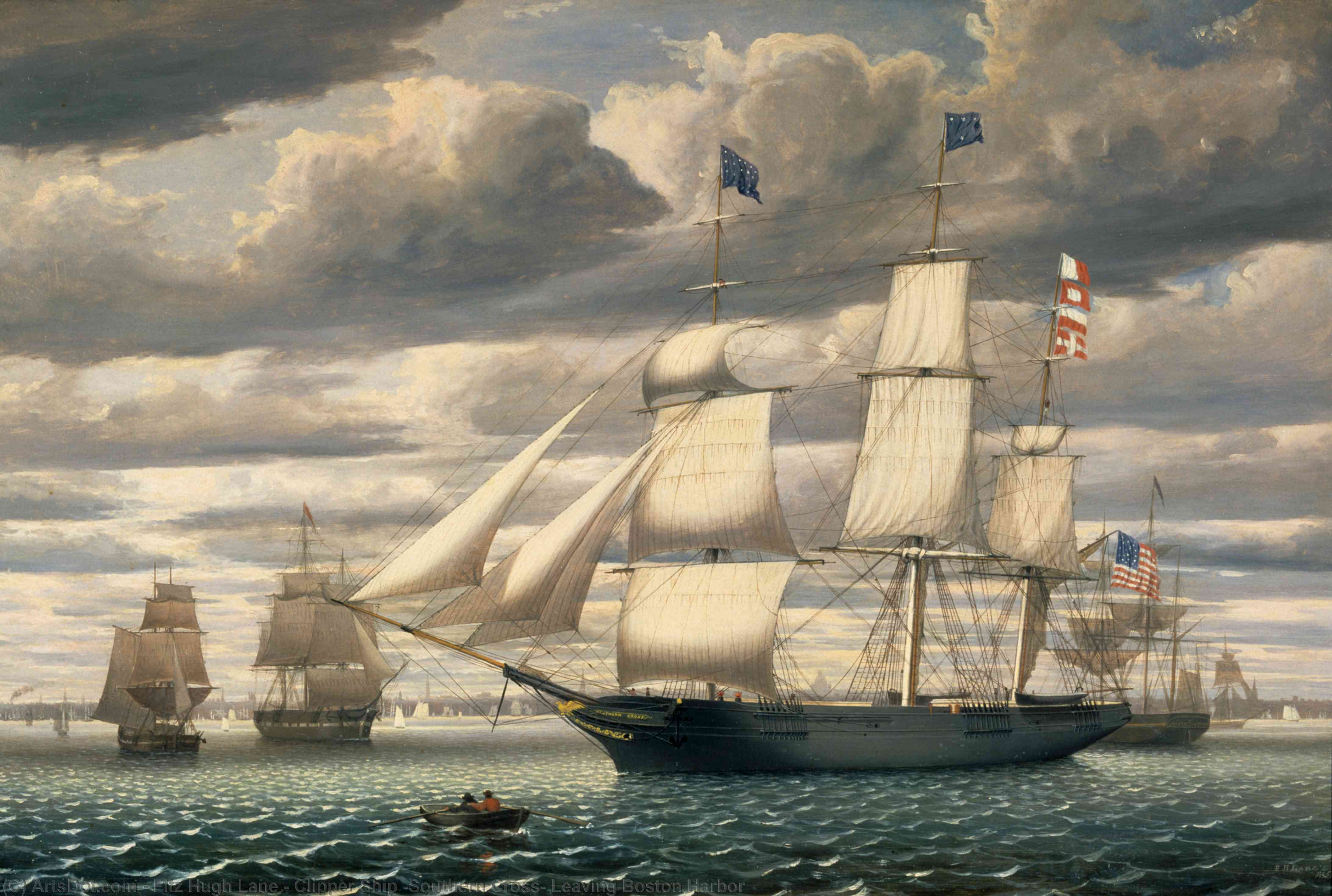 Wikioo.org - The Encyclopedia of Fine Arts - Painting, Artwork by Fitz Hugh Lane - Clipper Ship 'Southern Cross' Leaving Boston Harbor