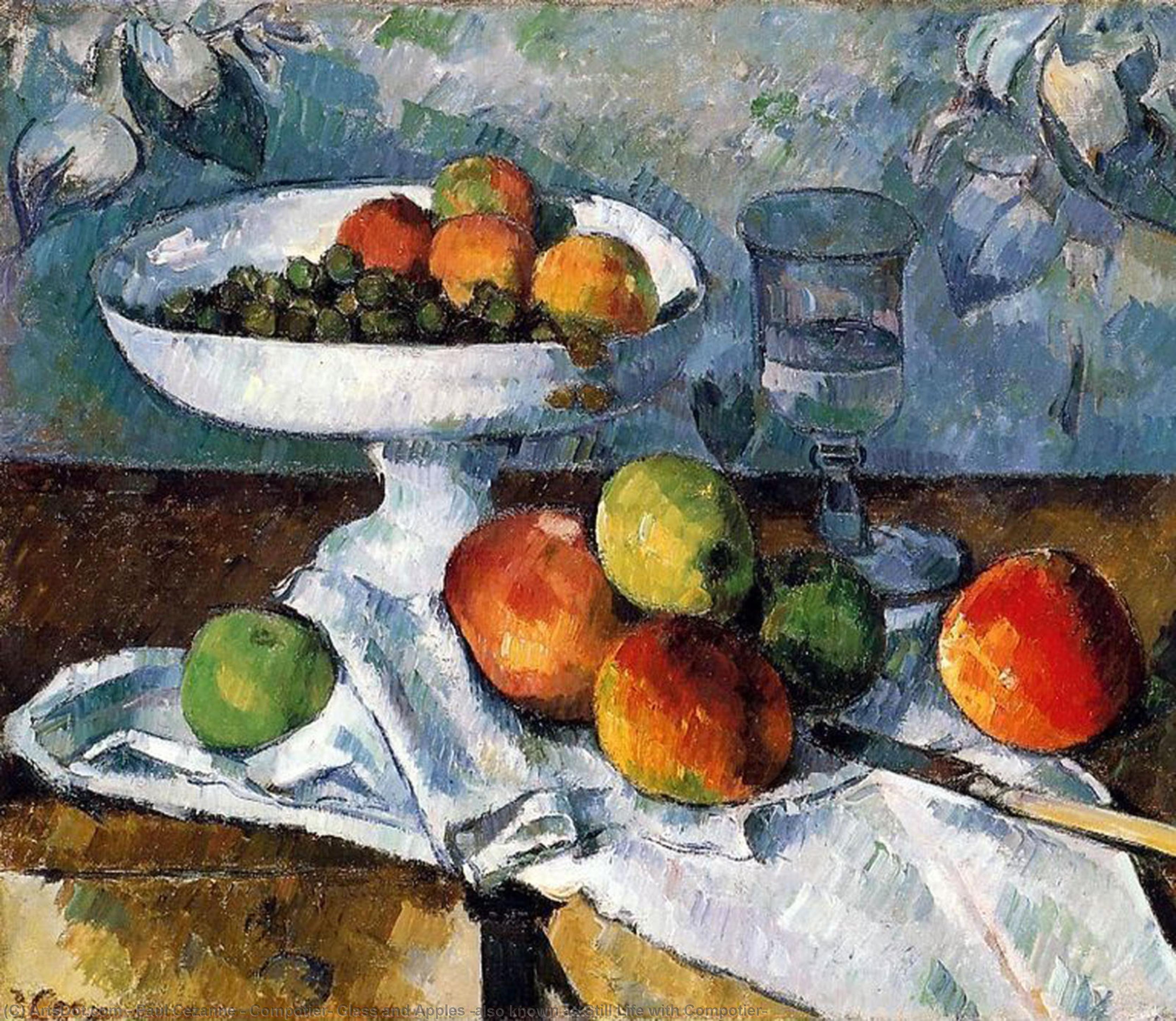 Wikioo.org – L'Encyclopédie des Beaux Arts - Peinture, Oeuvre de Paul Cezanne - Plus compotier , verre et pommes ( aussi connu comme nature morte avec compotier )