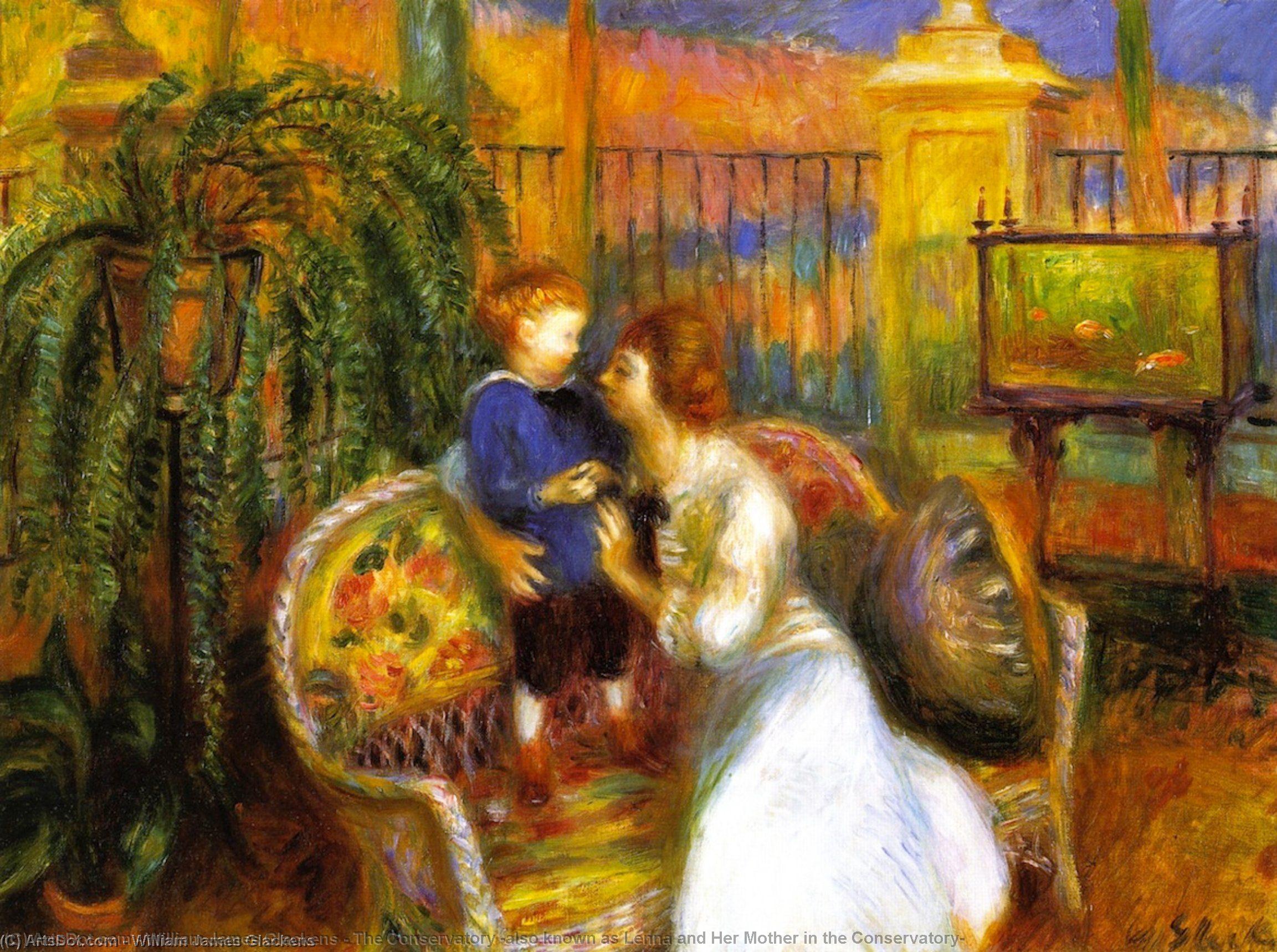 Wikioo.org - The Encyclopedia of Fine Arts - Painting, Artwork by William James Glackens - The Conservatory (also known as Lenna and Her Mother in the Conservatory)
