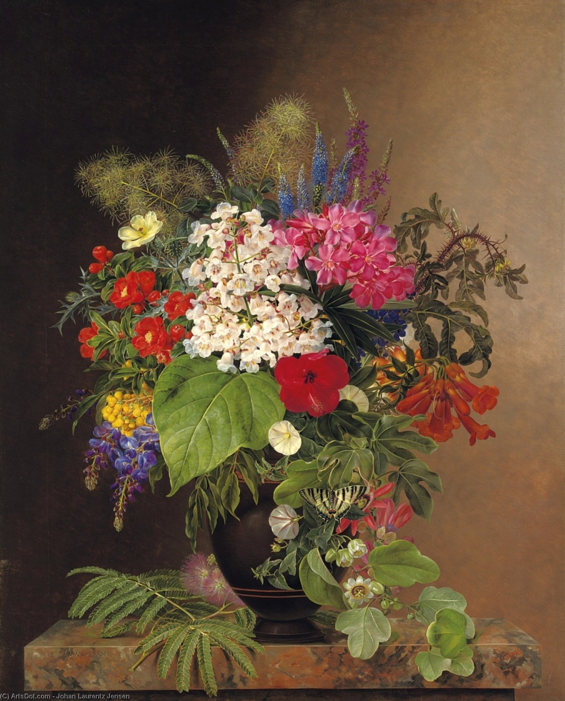 Wikioo.org - The Encyclopedia of Fine Arts - Painting, Artwork by Johan Laurentz Jensen - Convulvulus, Lupins, Speedwell and Fuschia in a Vase