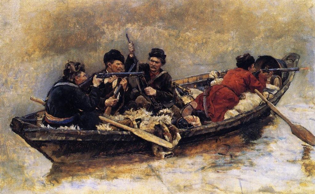Wikioo.org – La Enciclopedia de las Bellas Artes - Pintura, Obras de arte de Vasili Ivanovich Surikov - cosacos en un barco