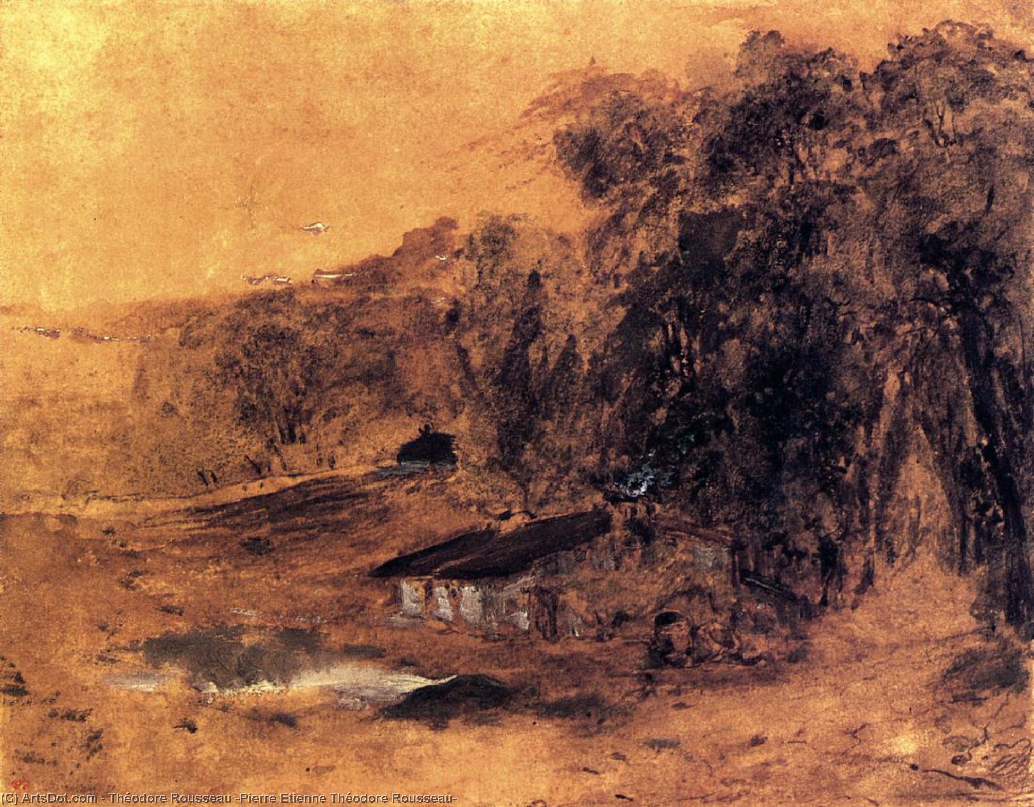WikiOO.org - Encyclopedia of Fine Arts - Lukisan, Artwork Théodore Rousseau (Pierre Etienne Théodore Rousseau) - Cottages among Trees