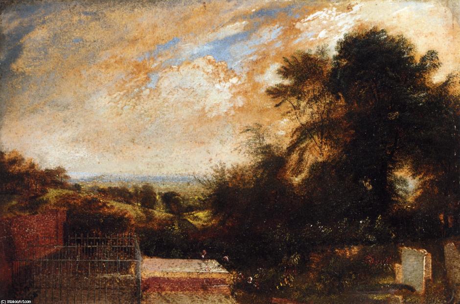 Wikioo.org - The Encyclopedia of Fine Arts - Painting, Artwork by John Martin - A Country Graveyard, Possibly Bunhill Fields, Finsbury, A Wooded Landscape Beyond