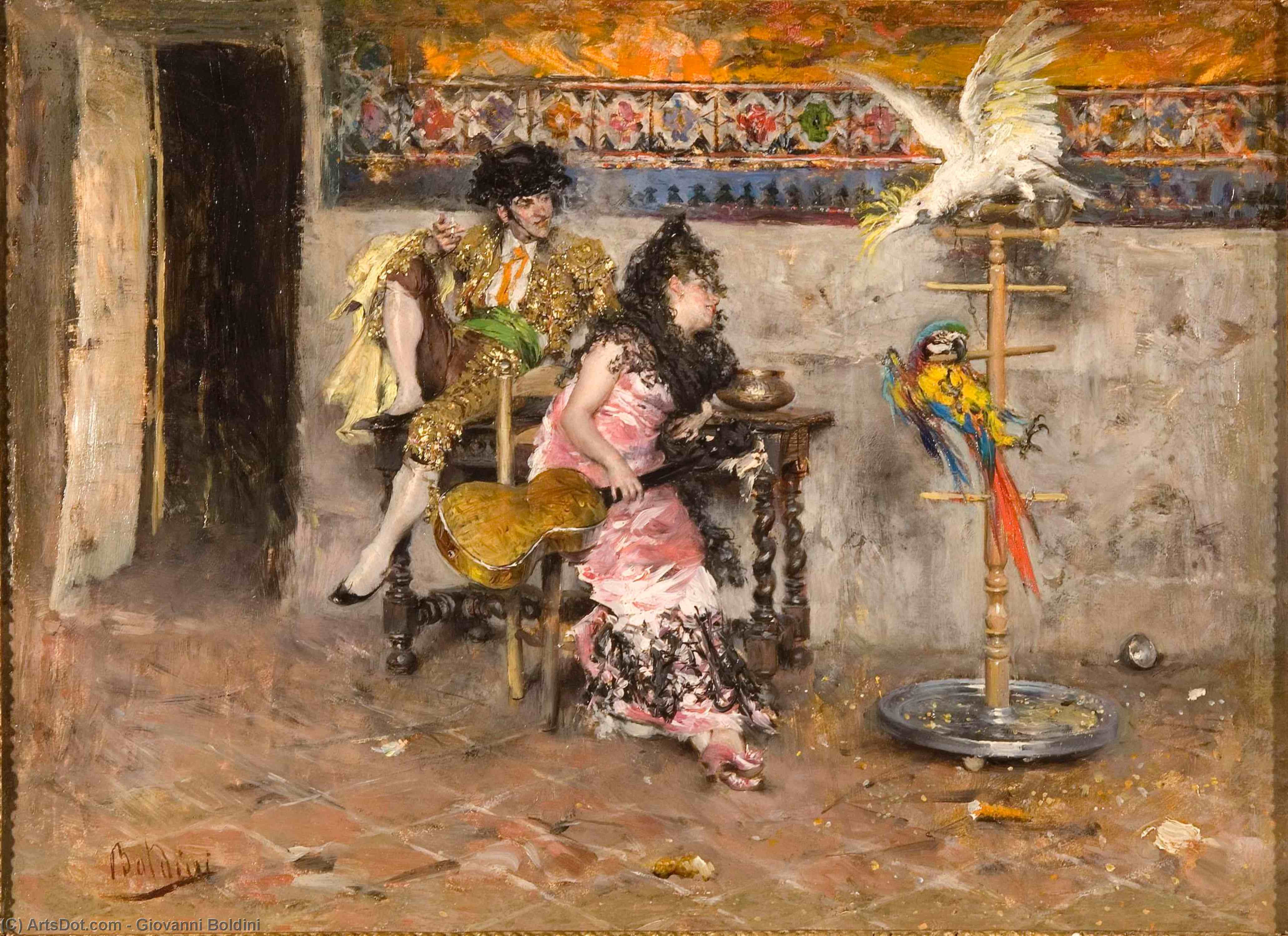 Wikioo.org - The Encyclopedia of Fine Arts - Painting, Artwork by Giovanni Boldini - Couple in Spanish Dress with Two Parrots (also known as El Matador)