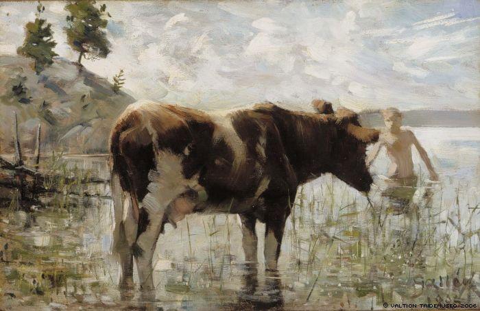 Wikioo.org - The Encyclopedia of Fine Arts - Painting, Artwork by Akseli Gallen Kallela - Cow and Boy