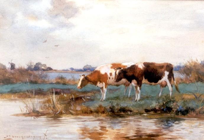WikiOO.org – 美術百科全書 - 繪畫，作品 Adrianus Johannes Groenewegen - 奶牛 饮用