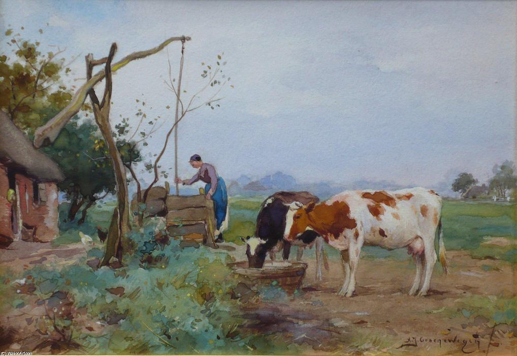 WikiOO.org - Εγκυκλοπαίδεια Καλών Τεχνών - Ζωγραφική, έργα τέχνης Adrianus Johannes Groenewegen - Cows Drinking