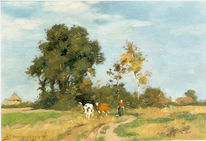 Wikioo.org – La Enciclopedia de las Bellas Artes - Pintura, Obras de arte de Adrianus Johannes Groenewegen - Vacas en tierras de cultivo