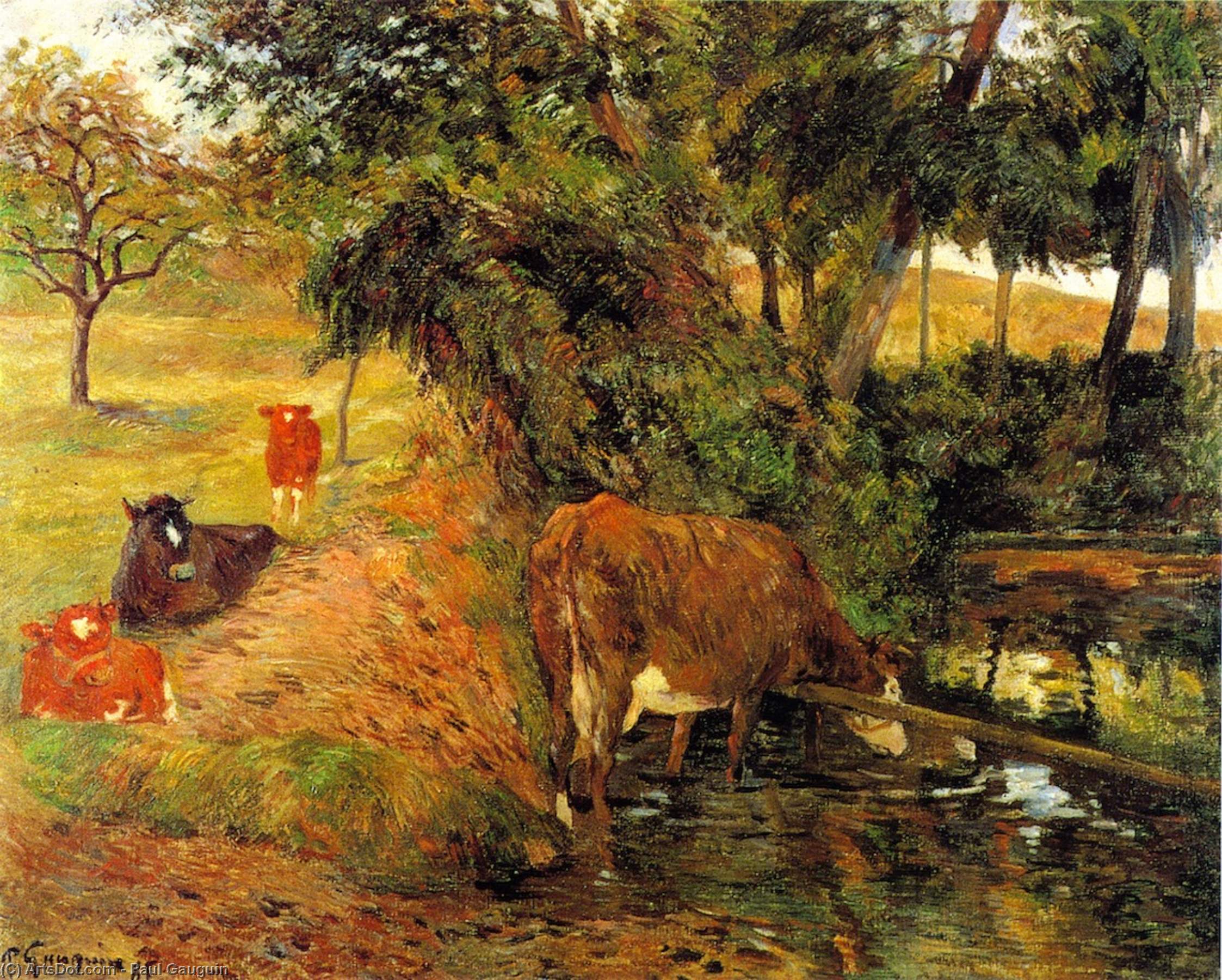 Wikioo.org - The Encyclopedia of Fine Arts - Painting, Artwork by Paul Gauguin - Cows near Dieppe (also known as Landscape with Cows in an Orchard)