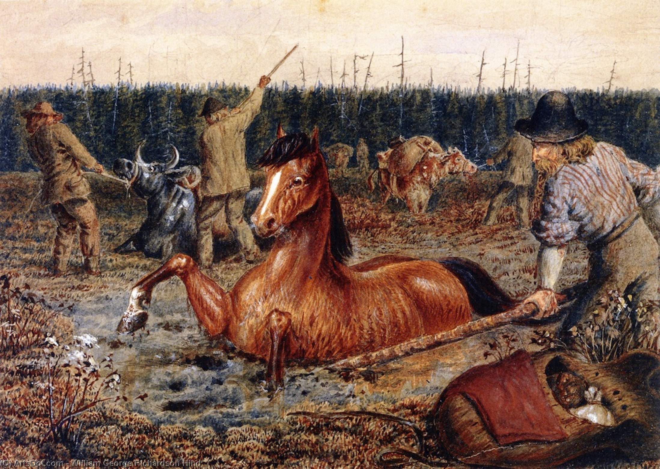 Wikioo.org - Bách khoa toàn thư về mỹ thuật - Vẽ tranh, Tác phẩm nghệ thuật William George Richardson Hind - Crossing Swamps near Head Water, North Saskatchewan