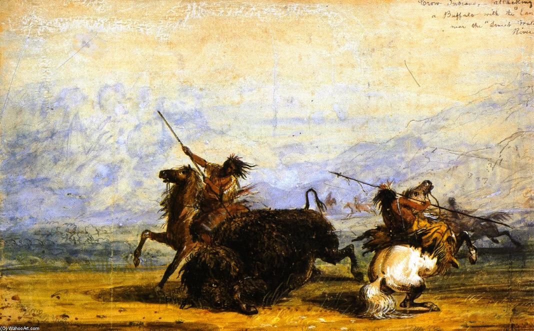 Wikioo.org - The Encyclopedia of Fine Arts - Painting, Artwork by Alfred Jacob Miller - Crow Indians Attacking a Buffalo with the Lance near the Sweet Water River