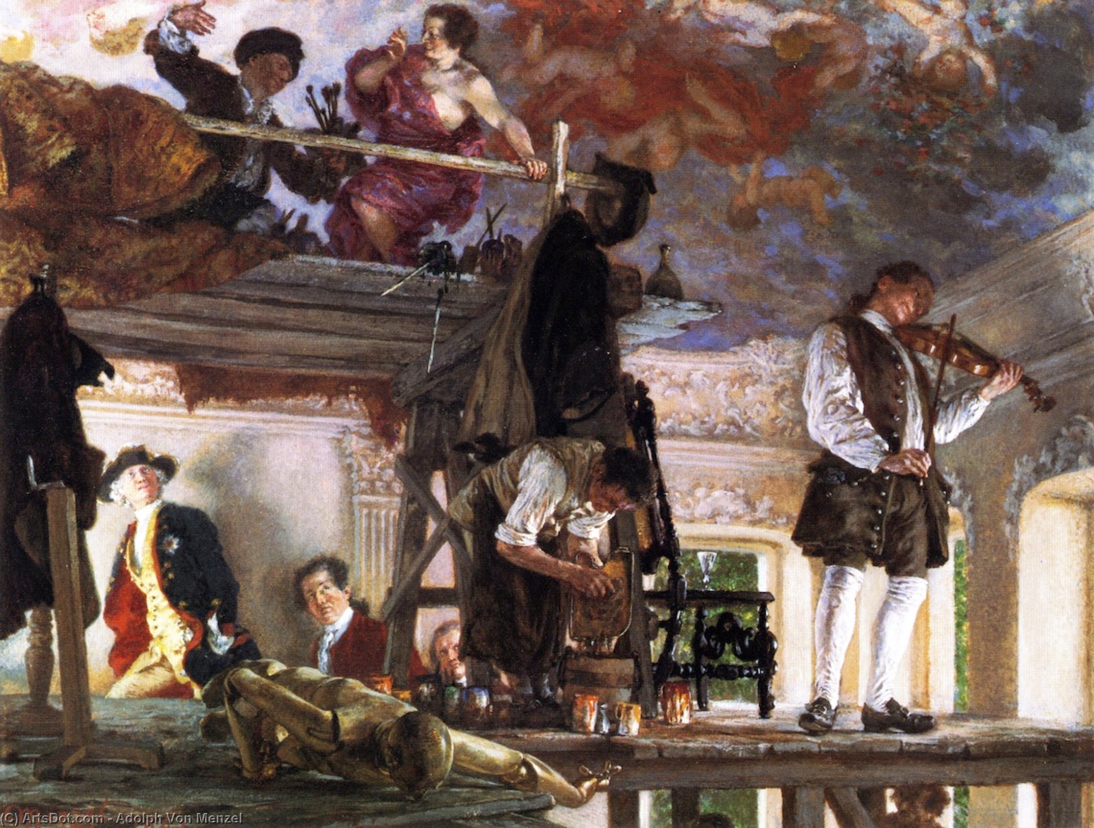 Wikioo.org - The Encyclopedia of Fine Arts - Painting, Artwork by Adolph Menzel - Crown Prince Frederick Pays a Visit to the Painter Pesne on his Scaffold at Rheinsberg