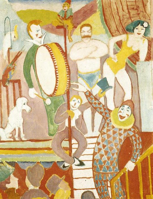 WikiOO.org - Enciklopedija likovnih umjetnosti - Slikarstvo, umjetnička djela August Macke - Curcus Picture II: Pair of Athletes, Clown and Monkey