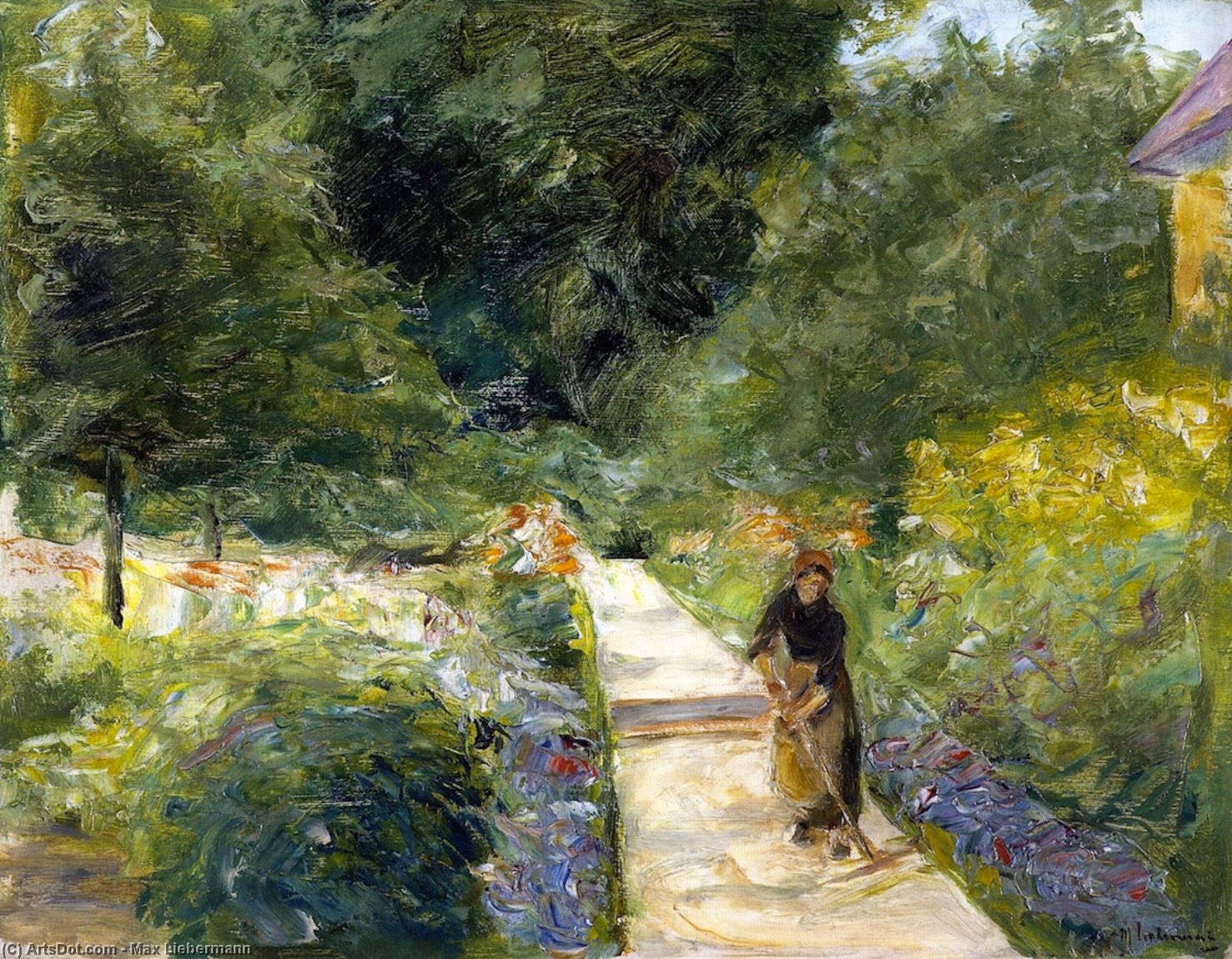 Wikioo.org - The Encyclopedia of Fine Arts - Painting, Artwork by Max Liebermann - The Cutting Garden in Wannsee toward the West, with a Woman Gardener on the Path