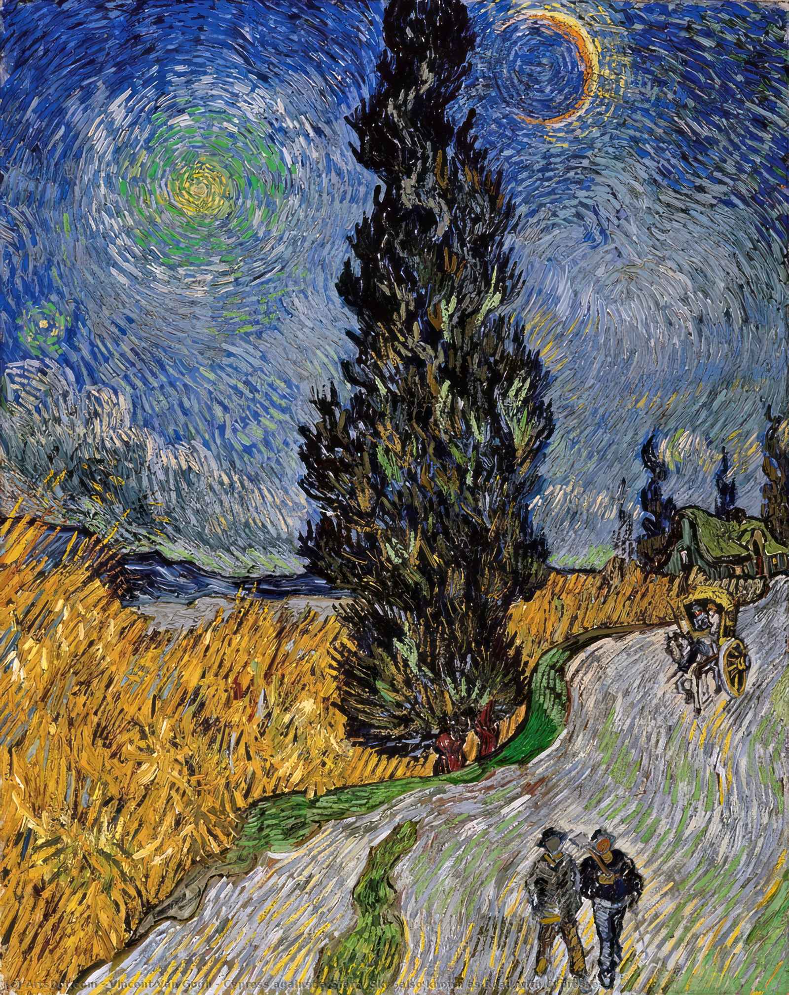 Wikioo.org - The Encyclopedia of Fine Arts - Painting, Artwork by Vincent Van Gogh - Cypress against a Starry Sky (also known as Road with Cypresses)