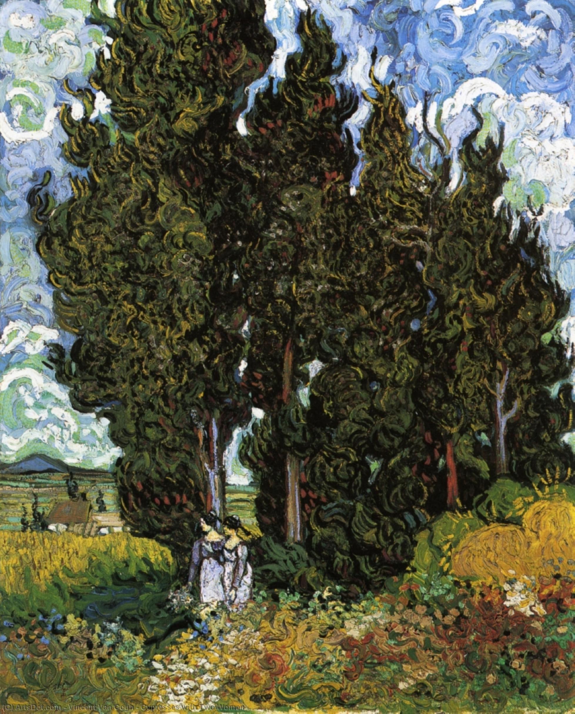 Wikioo.org – La Enciclopedia de las Bellas Artes - Pintura, Obras de arte de Vincent Van Gogh - Cipreses enestado  dos  mujeres