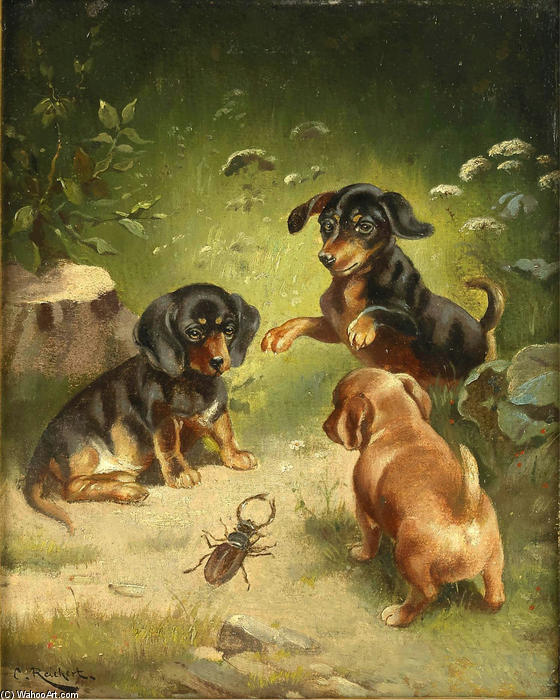 Wikioo.org - The Encyclopedia of Fine Arts - Painting, Artwork by Carl Reichert - Dachshund puppies at play
