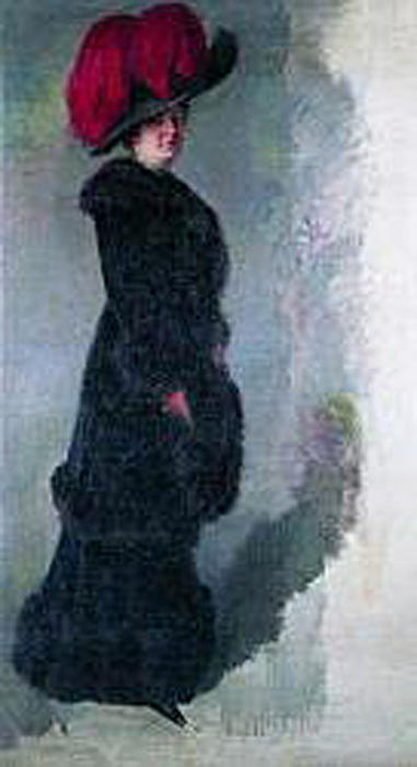 WikiOO.org - Encyclopedia of Fine Arts - Målning, konstverk Julio Vila Y Prades - Dama con sombrero de plumas rojas