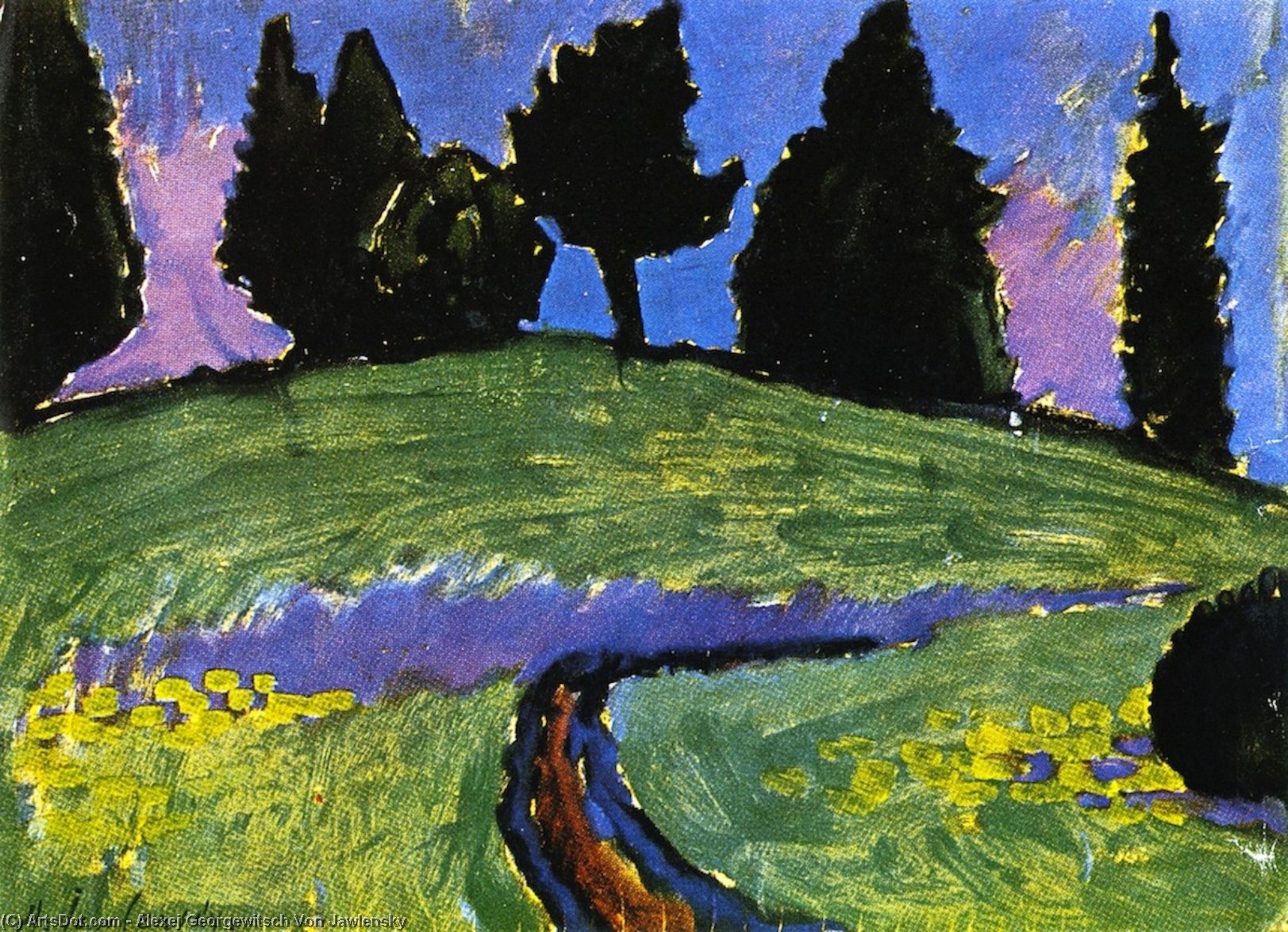 Wikioo.org - The Encyclopedia of Fine Arts - Painting, Artwork by Alexej Georgewitsch Von Jawlensky - Dark Trees over Green Slope