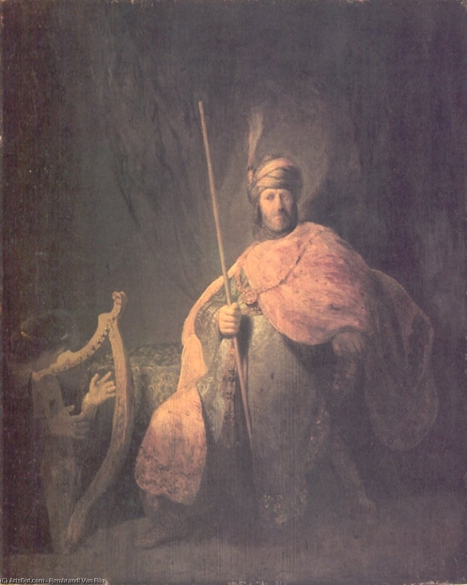 Wikioo.org – La Enciclopedia de las Bellas Artes - Pintura, Obras de arte de Rembrandt Van Rijn - David que toca el arpa para Saúl