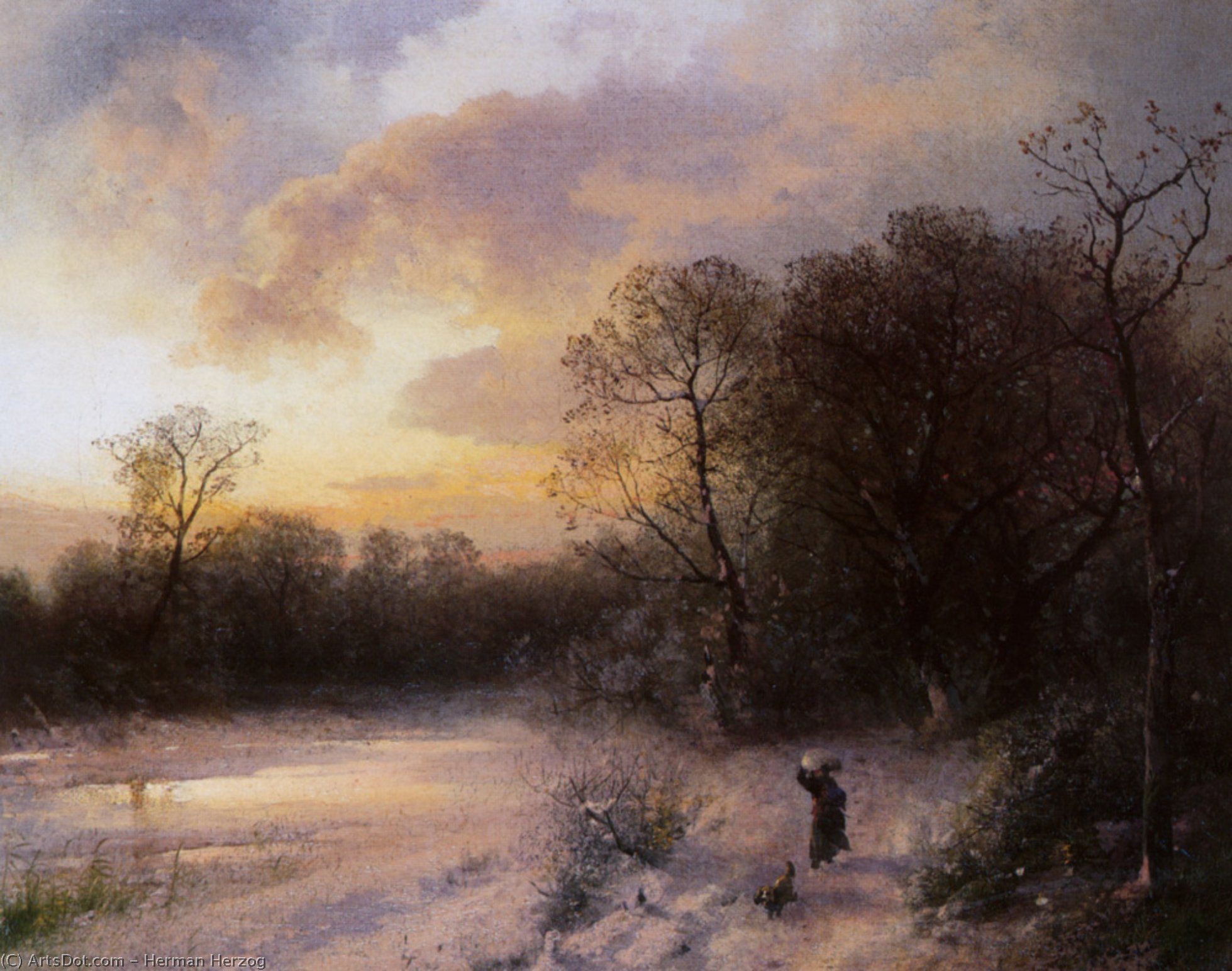Wikioo.org - The Encyclopedia of Fine Arts - Painting, Artwork by Herman Herzog - Daybreak on a Snowy Morning