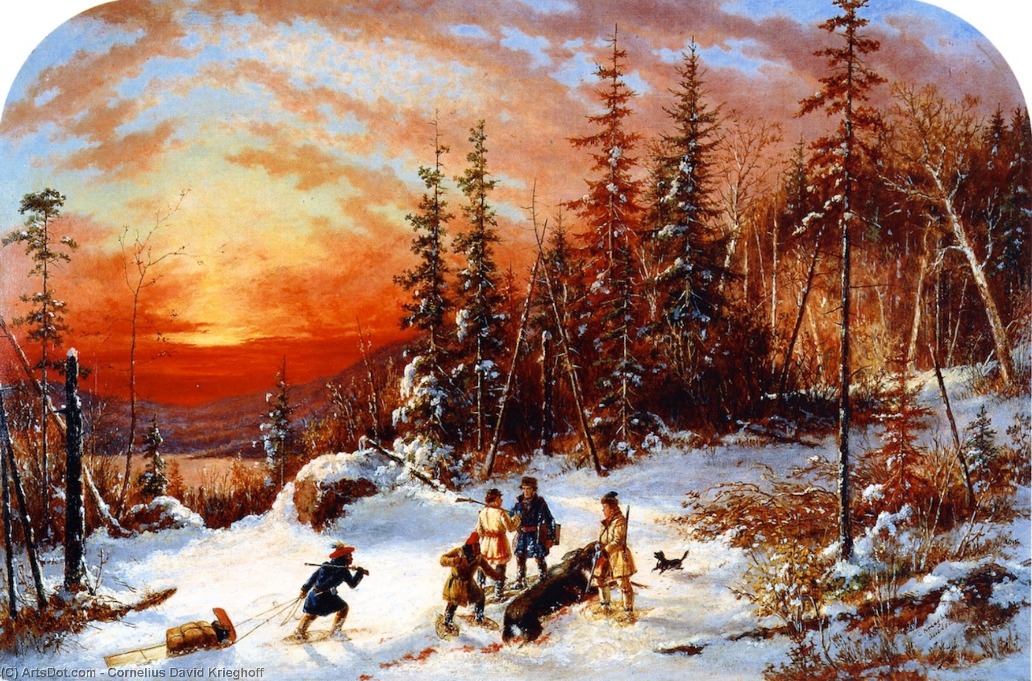 WikiOO.org - Enciklopedija dailės - Tapyba, meno kuriniai Cornelius David Krieghoff - Death of the Moose at Sunset, Lake Famine South of Quebec