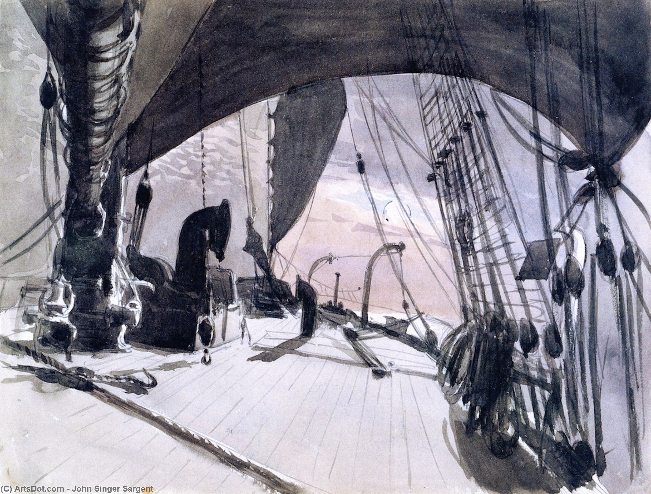 WikiOO.org - Güzel Sanatlar Ansiklopedisi - Resim, Resimler John Singer Sargent - Deck of a Ship in Moonlight