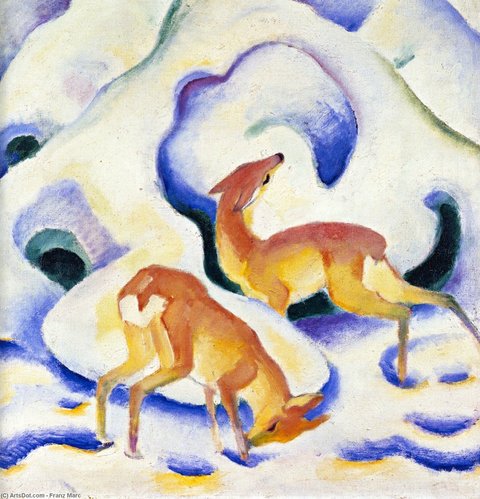Wikoo.org - موسوعة الفنون الجميلة - اللوحة، العمل الفني Franz Marc - Deer in the Snow II