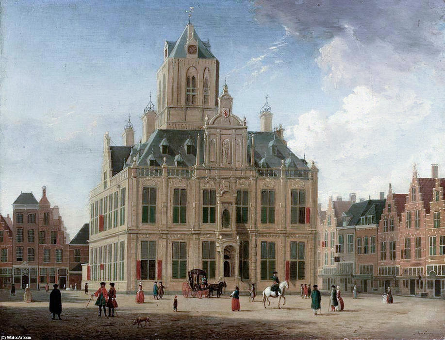 Wikioo.org - The Encyclopedia of Fine Arts - Painting, Artwork by Jan Ten Compe - Delft, View of the Town Hall seen from the Grote Mark