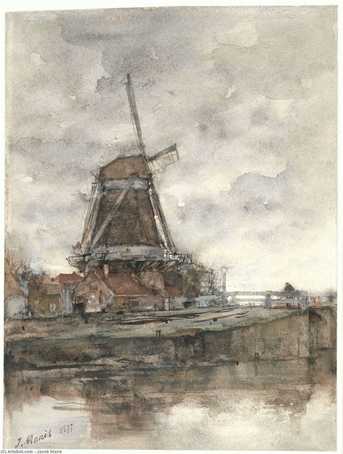 Wikioo.org - The Encyclopedia of Fine Arts - Painting, Artwork by Jacob Henricus Maris - De molen en de brug bij de Noord-West-Buitensingel in Den Haag
