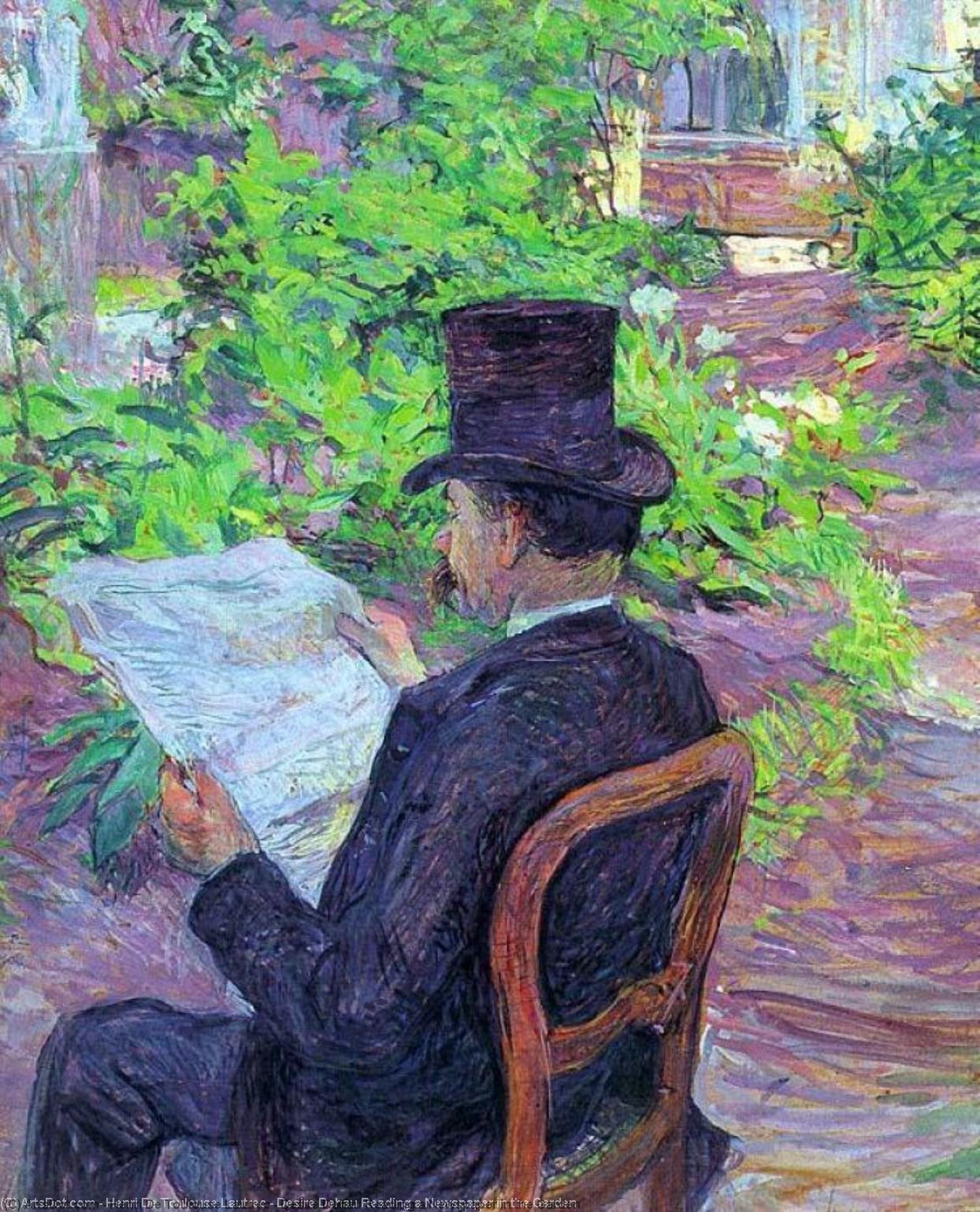 Wikioo.org – La Enciclopedia de las Bellas Artes - Pintura, Obras de arte de Henri De Toulouse Lautrec - Desire Dehau que lee un periódico en el jardín
