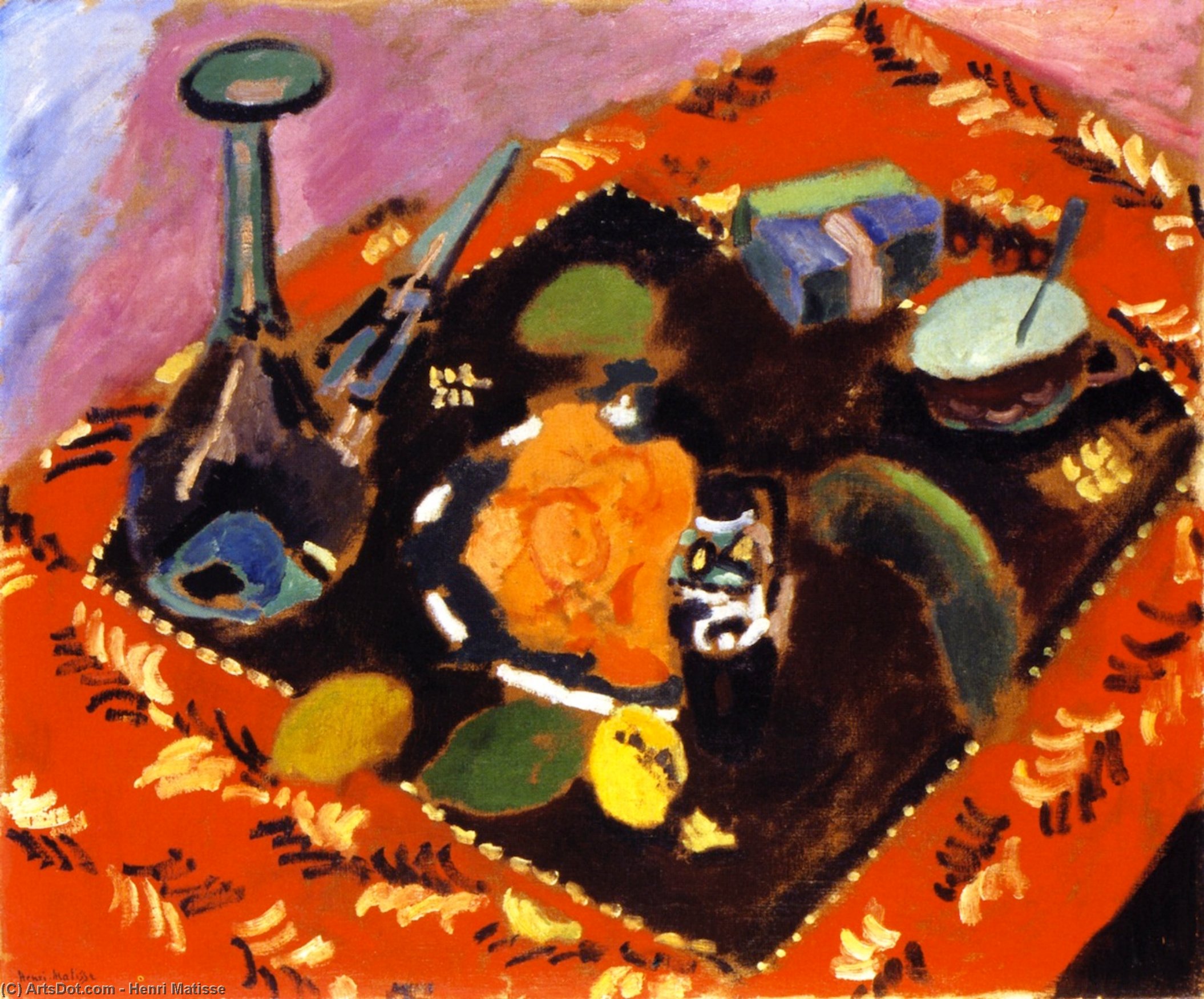 WikiOO.org - 百科事典 - 絵画、アートワーク Henri Matisse - 赤と黒のカーペットの上に食器とフルーツ ( また として知られている レ じゅうたん ルージュ )