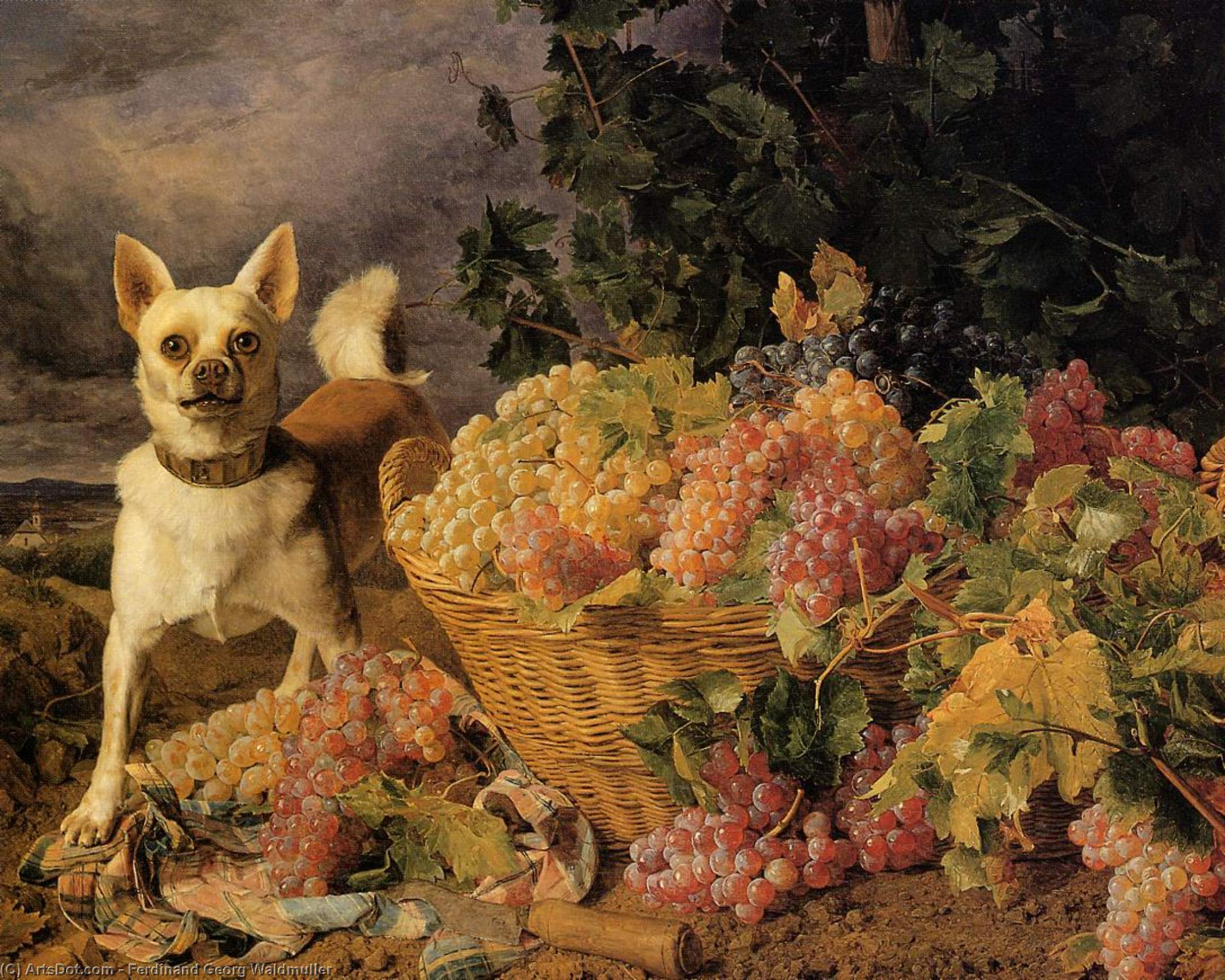 Wikioo.org – La Enciclopedia de las Bellas Artes - Pintura, Obras de arte de Ferdinand Georg Waldmuller - Un Perro por una cesta de las uvas en un paisaje
