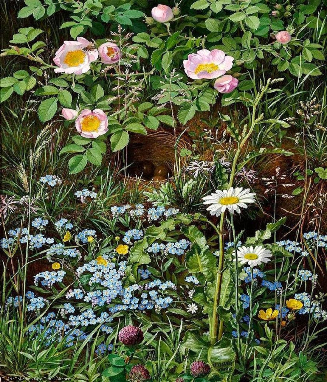 Wikioo.org - The Encyclopedia of Fine Arts - Painting, Artwork by Otto Didrik Ottesen - Dog roses, forget-me-nots, daisies, buttercups and clover