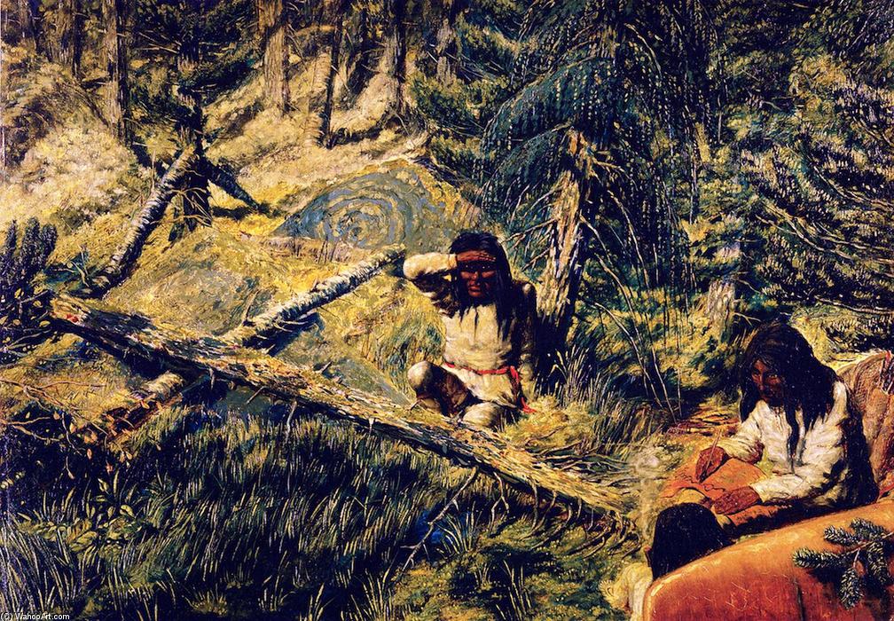 Wikioo.org - The Encyclopedia of Fine Arts - Painting, Artwork by William George Richardson Hind - Drawing a Map on Birch-Bark (Rivière Moisie, Labrador Peninsula Expedition)