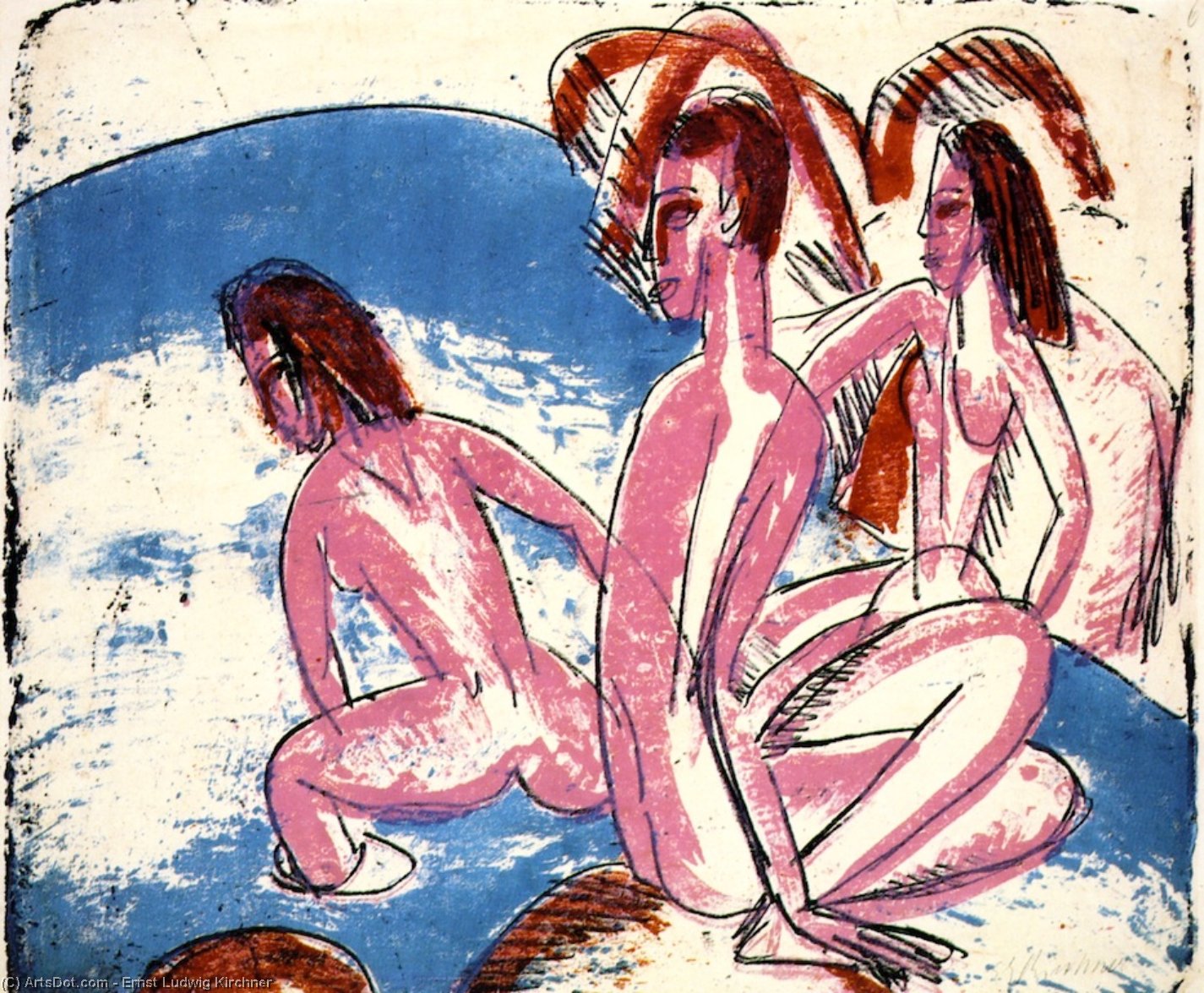 Wikioo.org - The Encyclopedia of Fine Arts - Painting, Artwork by Ernst Ludwig Kirchner - Drei Badende an Steinen