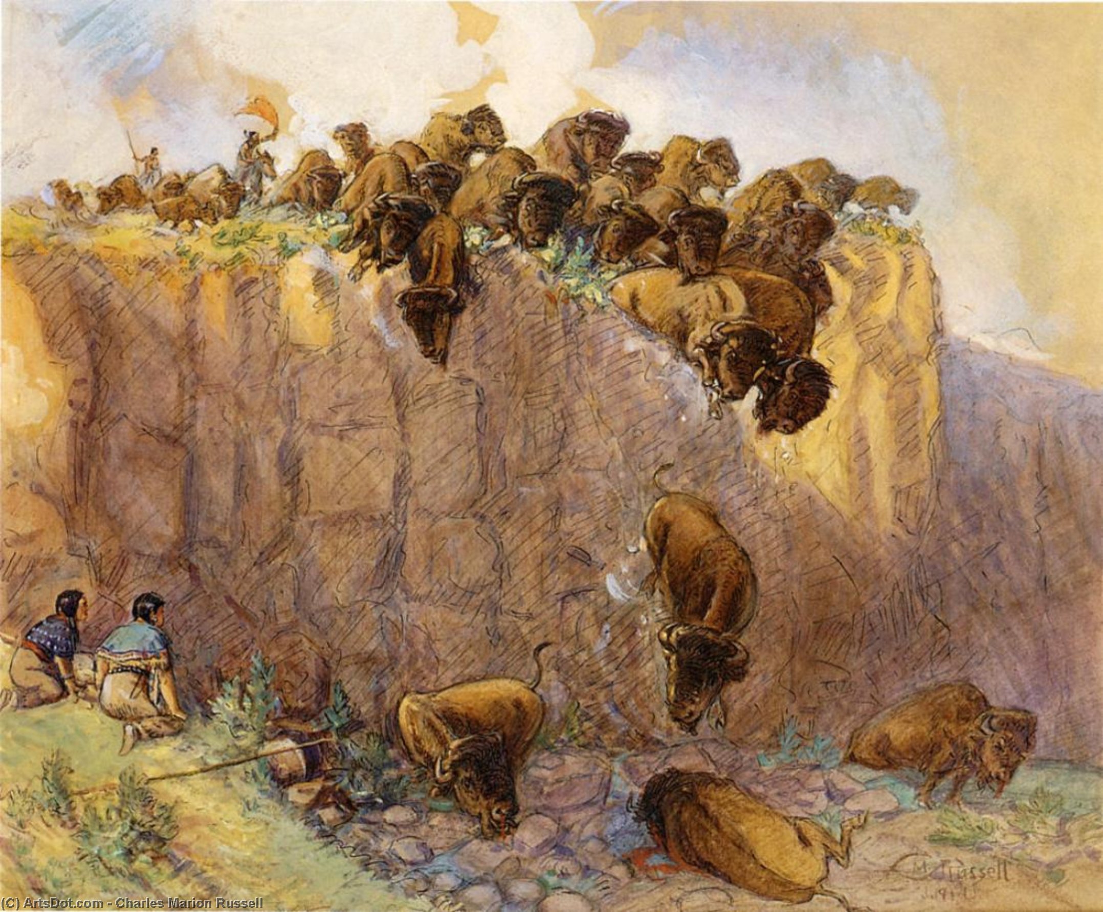 WikiOO.org – 美術百科全書 - 繪畫，作品 Charles Marion Russell - 驾驶水牛在悬崖