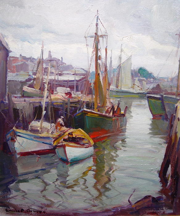 Wikioo.org - The Encyclopedia of Fine Arts - Painting, Artwork by Emile Albert Gruppé - Drying the Sails, Gloucester
