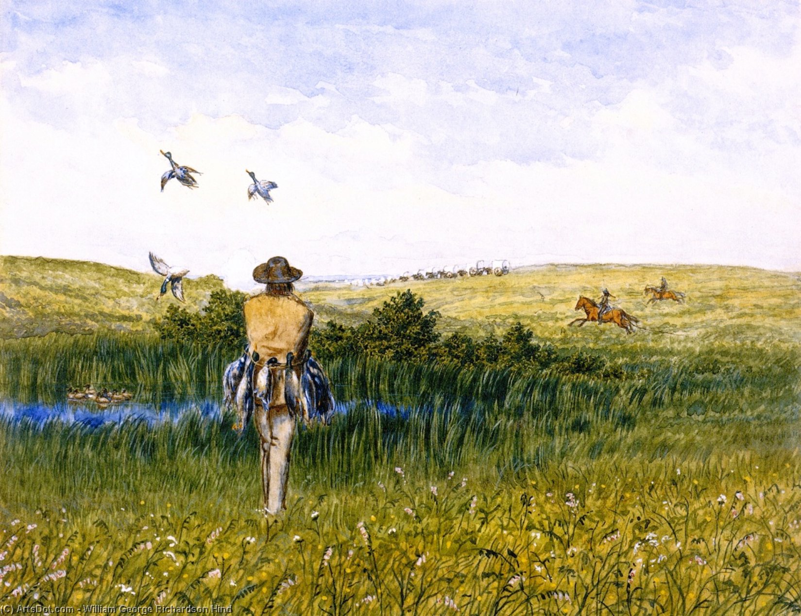 Wikioo.org - Encyklopedia Sztuk Pięknych - Malarstwo, Grafika William George Richardson Hind - Duck Hunting on the Prairies with an Immigrant Wagon Train in the Distance