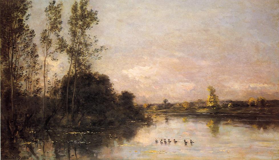 Wikioo.org - The Encyclopedia of Fine Arts - Painting, Artwork by Charles François Daubigny - Ducklings in a River Landscape