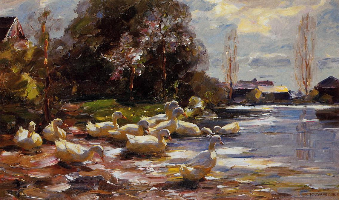 Wikioo.org - The Encyclopedia of Fine Arts - Painting, Artwork by Alexander Max Koeste - Ducks on a Riverbank on a Sunny Afternoon