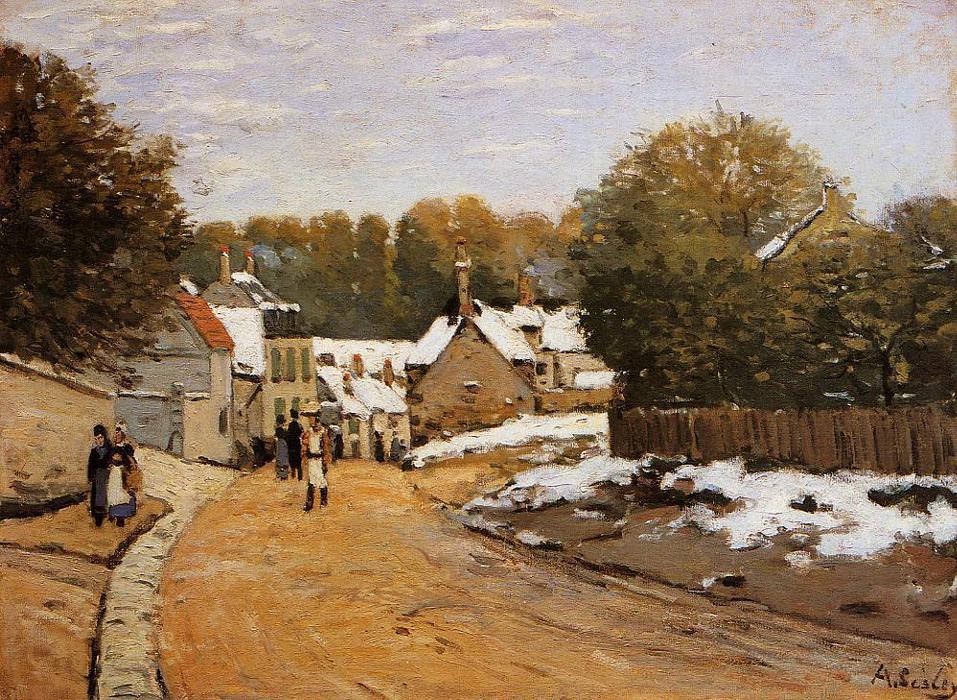 Wikioo.org - The Encyclopedia of Fine Arts - Painting, Artwork by Alfred Sisley - Early Snow at Louveciennes (also known as Rue de Voisins, Louveciennes: First Snow)