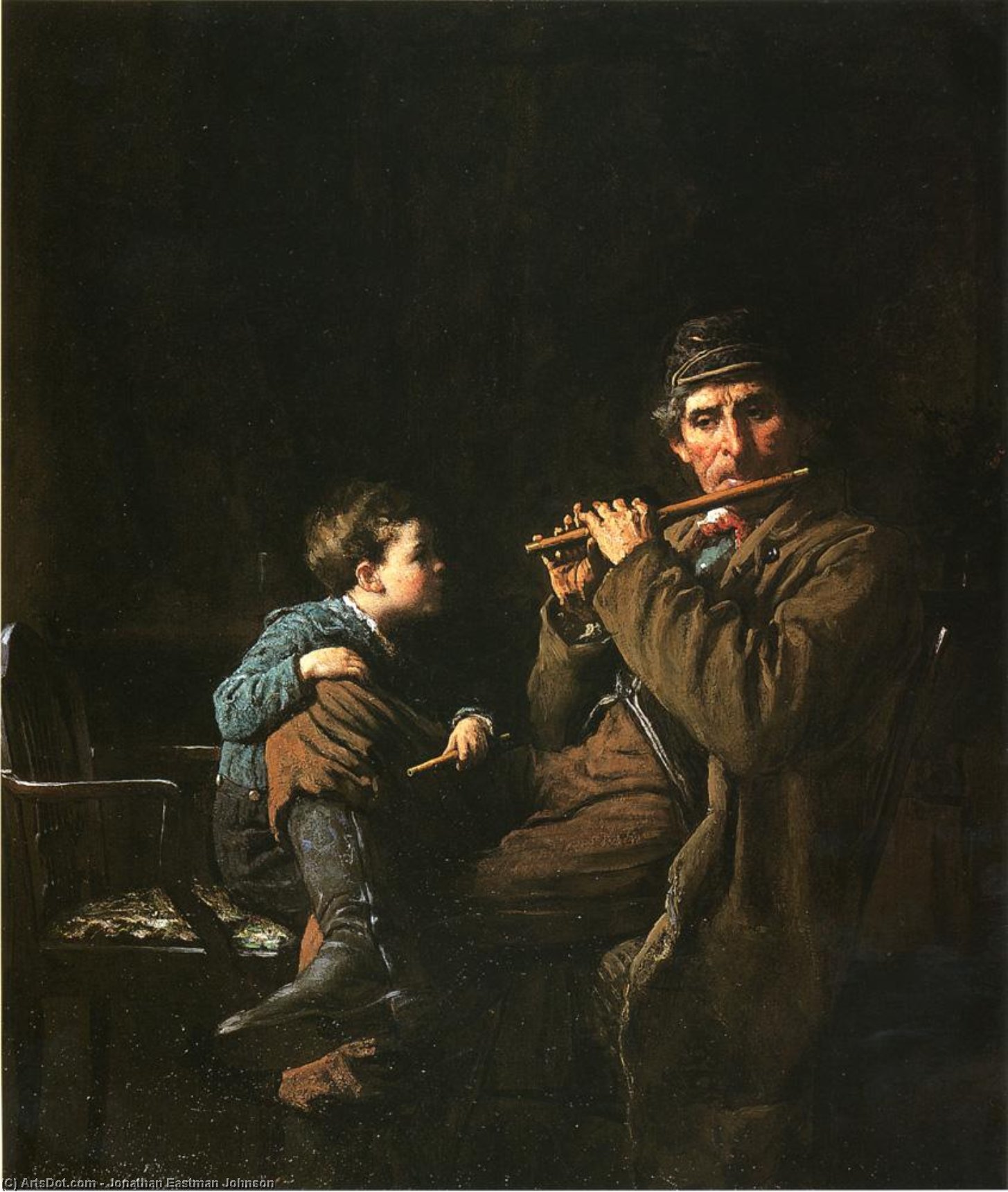 Wikioo.org - The Encyclopedia of Fine Arts - Painting, Artwork by Jonathan Eastman Johnson - The Earnest Pupil (also known as The Fifers)