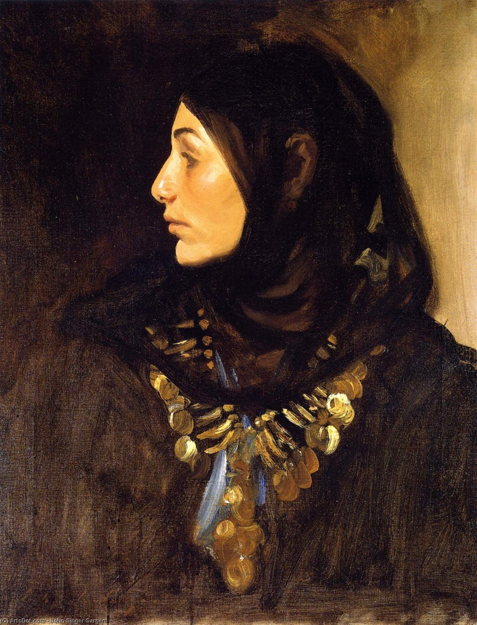 Wikioo.org – L'Encyclopédie des Beaux Arts - Peinture, Oeuvre de John Singer Sargent - Femme égyptienne aussi de  connue  que  pièce de monnaie  collier