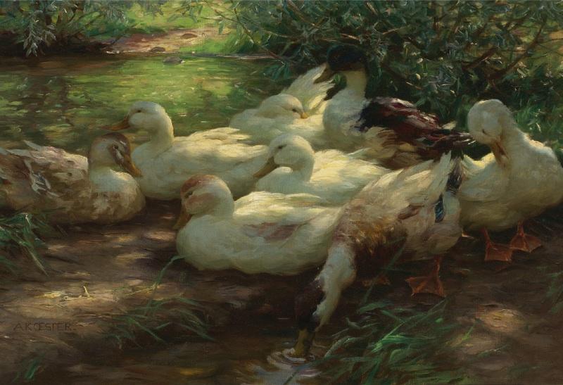 Wikioo.org - The Encyclopedia of Fine Arts - Painting, Artwork by Alexander Max Koeste - Eight Ducks on the Riverbank