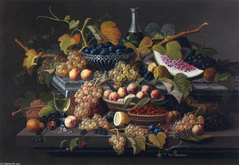 Wikioo.org - The Encyclopedia of Fine Arts - Painting, Artwork by Severin Roesen - Elaborate Still Life with Silver Basket of Plums