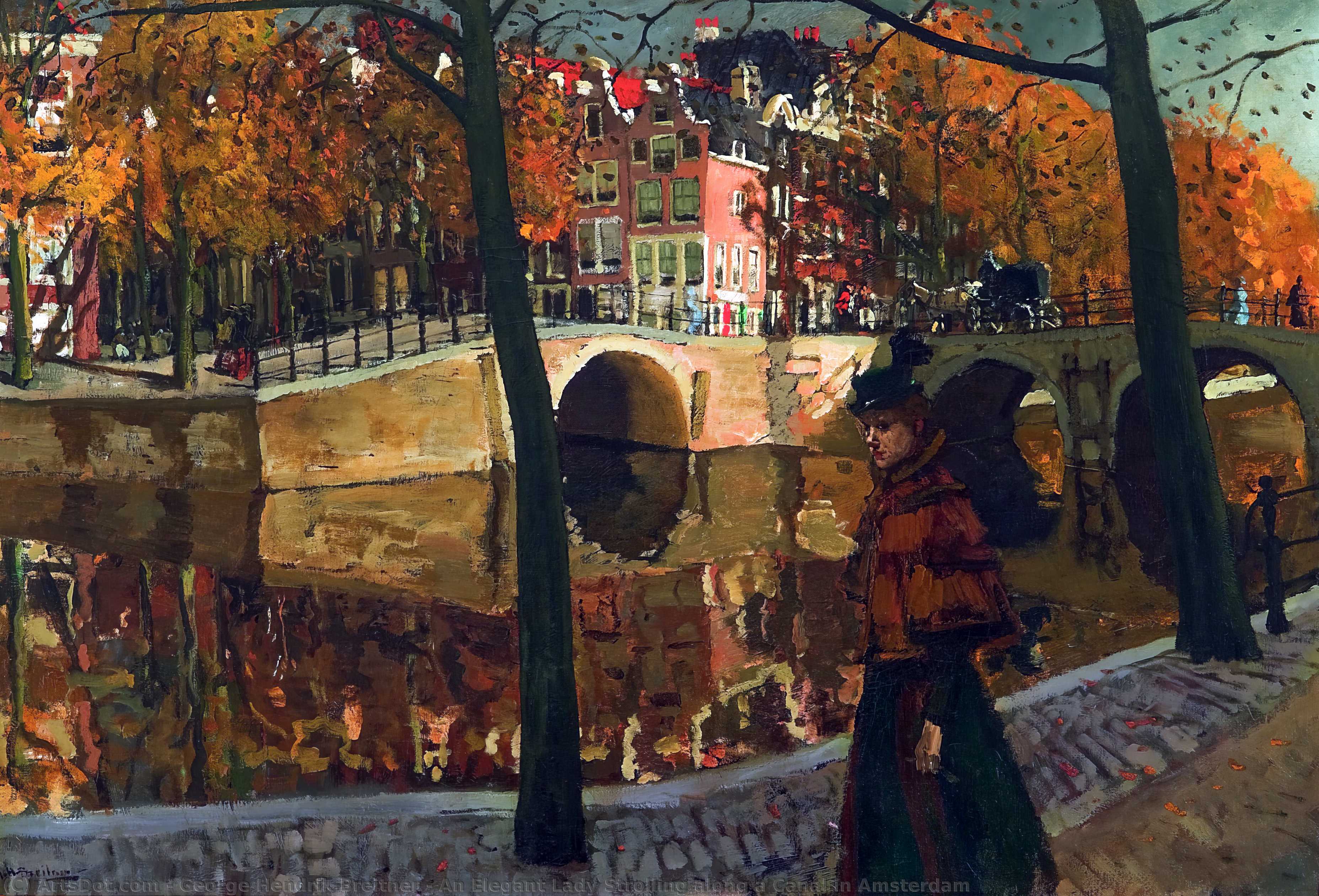 Wikioo.org – L'Encyclopédie des Beaux Arts - Peinture, Oeuvre de George Hendrik Breitner - une dame élégante flâner le long d un canal à amsterdam