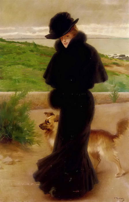 Wikioo.org - The Encyclopedia of Fine Arts - Painting, Artwork by Vittorio Matteo Corcos - An Elegant Lady with her Faithful Companion by the Beach
