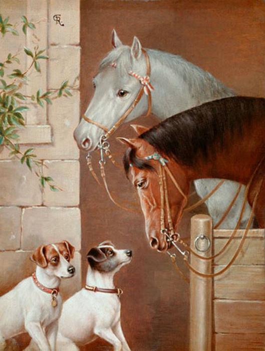 Wikoo.org - موسوعة الفنون الجميلة - اللوحة، العمل الفني Carl Reichert - The encounter at the horse barn